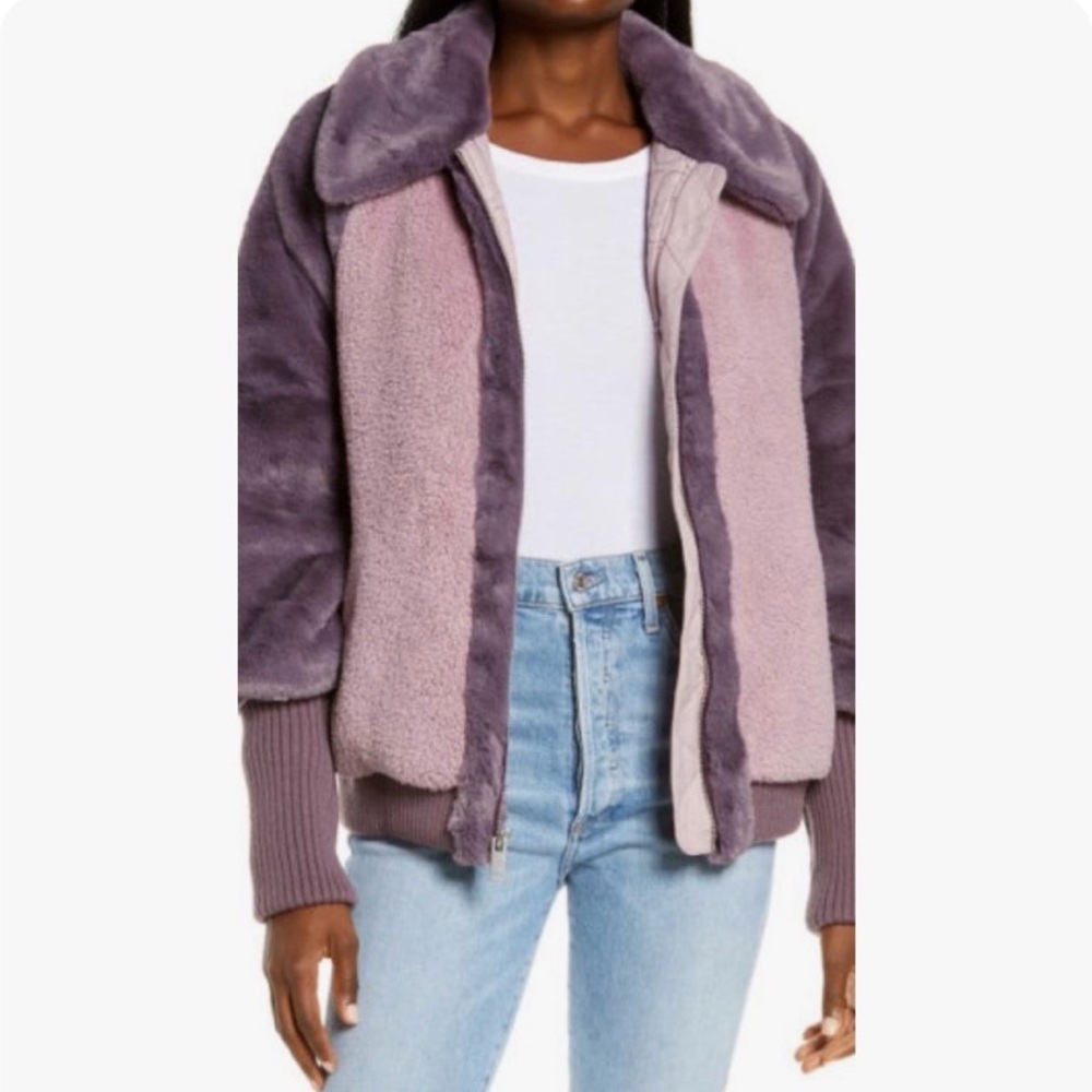 UGG Augusta Purple Color Block Balloon Sleeve Faux Fur Sherpa Baseball Jacket